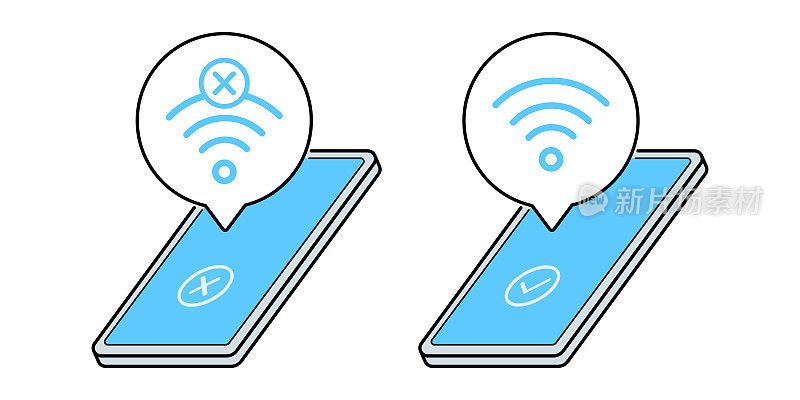 Connecting a Smartphone to Wi-Fi, Connection Error. Vector illustration of each.